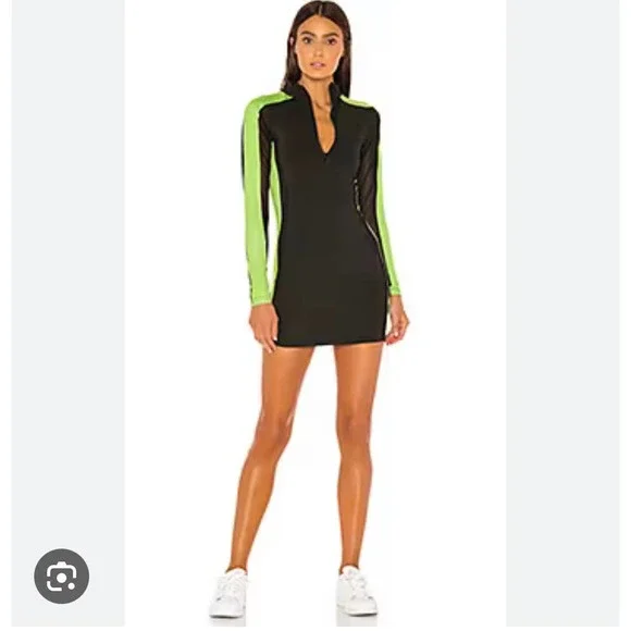 Superdown Mesh Long Sleeve 1/4 Zip Bodycon Mini Dress Black Green Womens Small - Picture 12 of 12